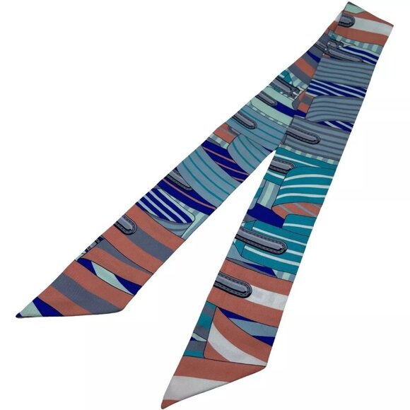 Authentic HERMES Twilly Buckle Design Scarf Blue Silk - Picture 12 of 16